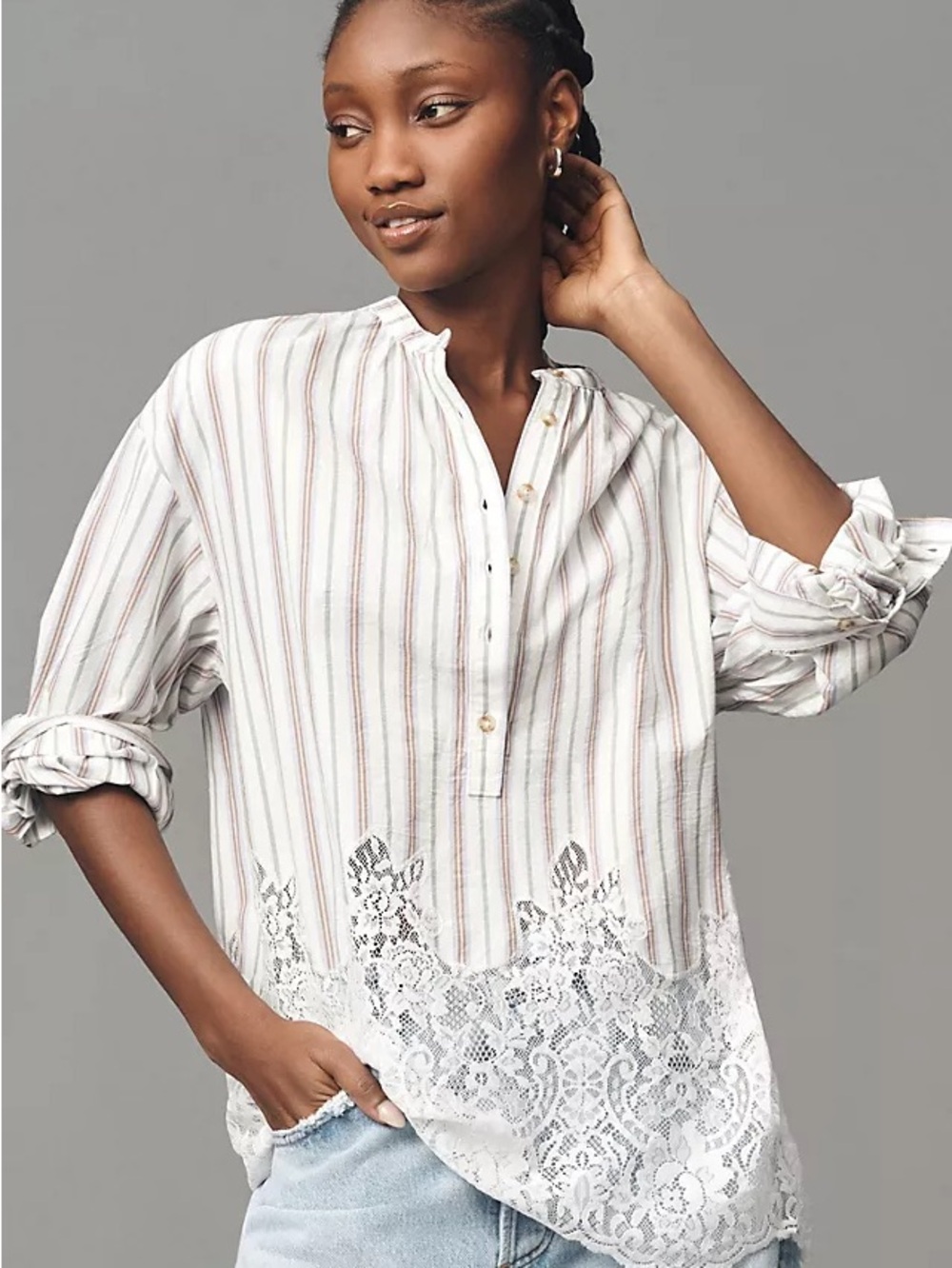 Pilcro White Striped Button-Front Top with Lace Hem